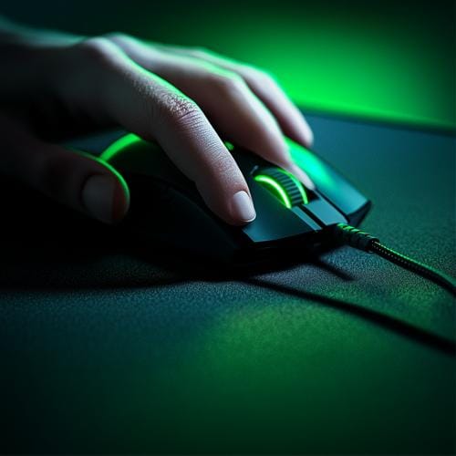 Main posée sur une souris gaming RGB éclairée en vert : la molette et les flancs restent visibles pendant le jeu