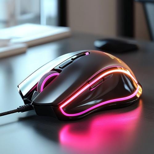 Souris gaming à switches silencieux posée sur un bureau, mains sur les boutons pendant une session de jeu