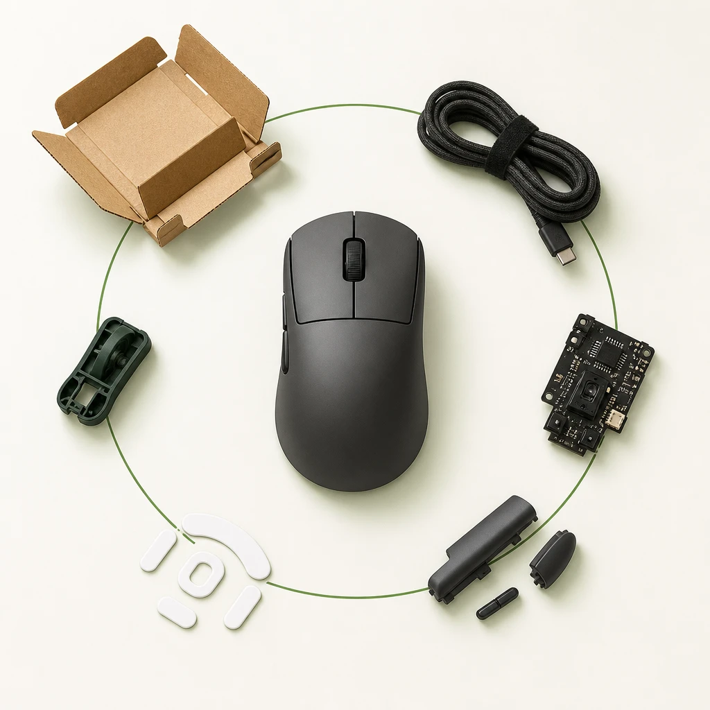 Souris gaming posée sur un bureau clair, entourée de ses composants et de son emballage en carton, illustrant l'éco-conception