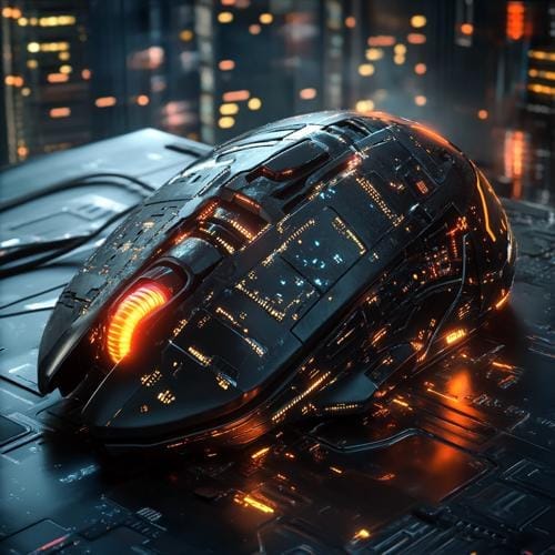 Souris gaming à éclairage orange sur un bureau sombre, pour le streaming et la création de contenu