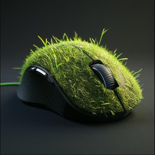 Illustration d'une souris gaming recouverte d'herbe, image à la une du guide des souris gaming ambidextres à partager en famille